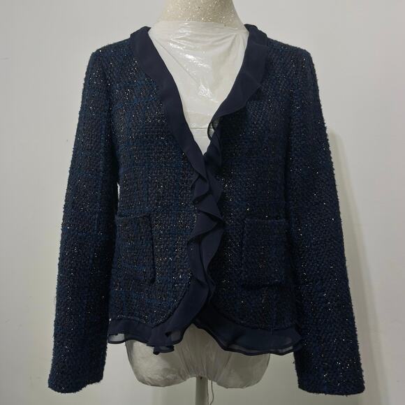 Vince Camuto navy tweed ruffle jacket sz 6 romantic cottagecore Y2K officewear - Picture 1 of 4
